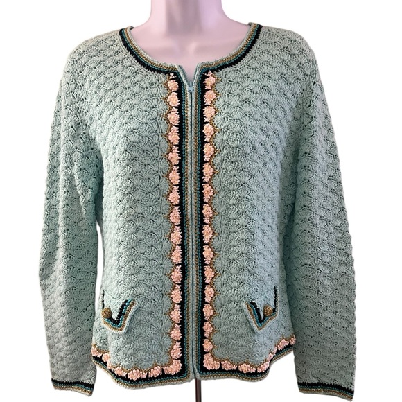 Derek Sweaters - Berek Turquoise Vintage Beaded Embroidered Full Zipper Cardigan Sweater Small